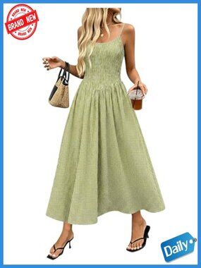 Women's Midi Sundress Sleeveless Smocked Tiered Plaid Beach Dress with Pockets